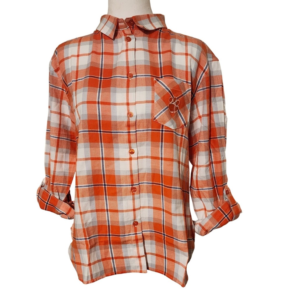 UGApparel Women's Plaid Flannel Button Up Shirt Clemson Paw Print Size Small
